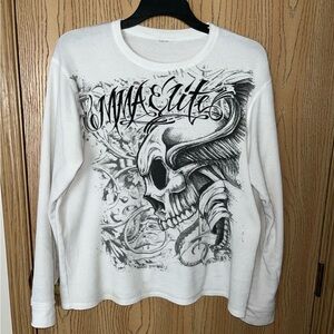 MMA Elite Vintage Y2K White Long Sleeve Skull Graphic Shirt